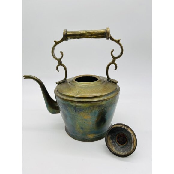 Antique Brass Teapot With Ornate Handle & Spout On Wooden Base Early 20th Centur - Picture 6 of 8